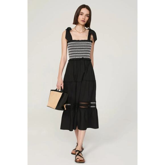 PETER SOM Collective Black White Smocked Midi Lace Dress A-Line, Size L. - Picture 1 of 11
